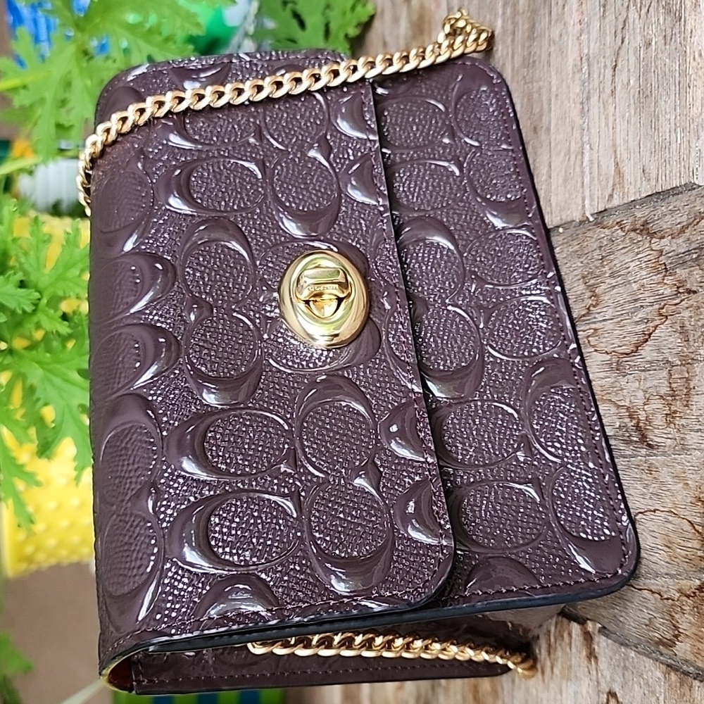 Coach Embossed Brown Crossbody Bag with Gold Chain